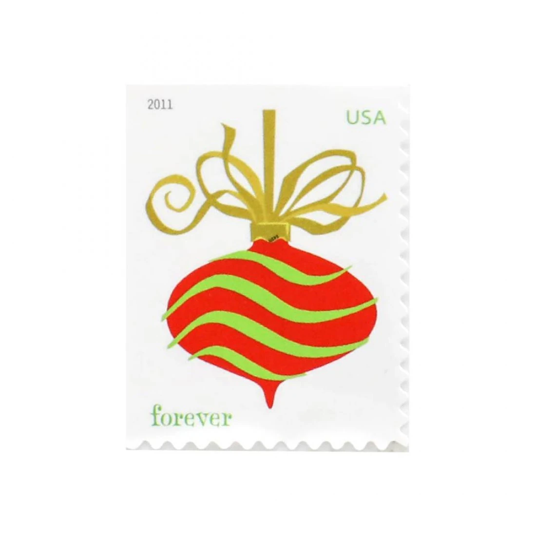 product_image_1767475795 2011 First-Class Forever Stamp - Holiday Baubles: Green and Red Wavy Line Ornament (Ashton Potter)